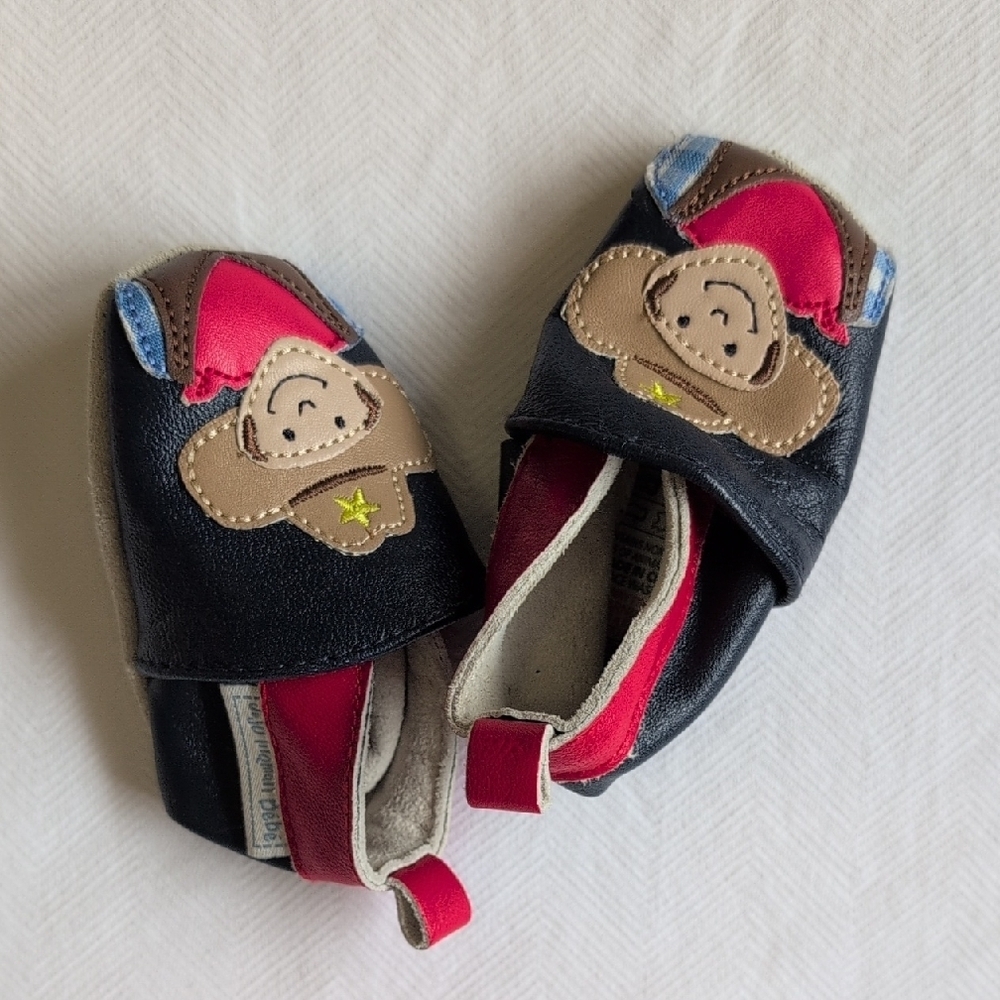 JoJo Maman Bebe Baby Navy Leather Cowboy Soft Sole Crib Shoes Slippers 0-6M